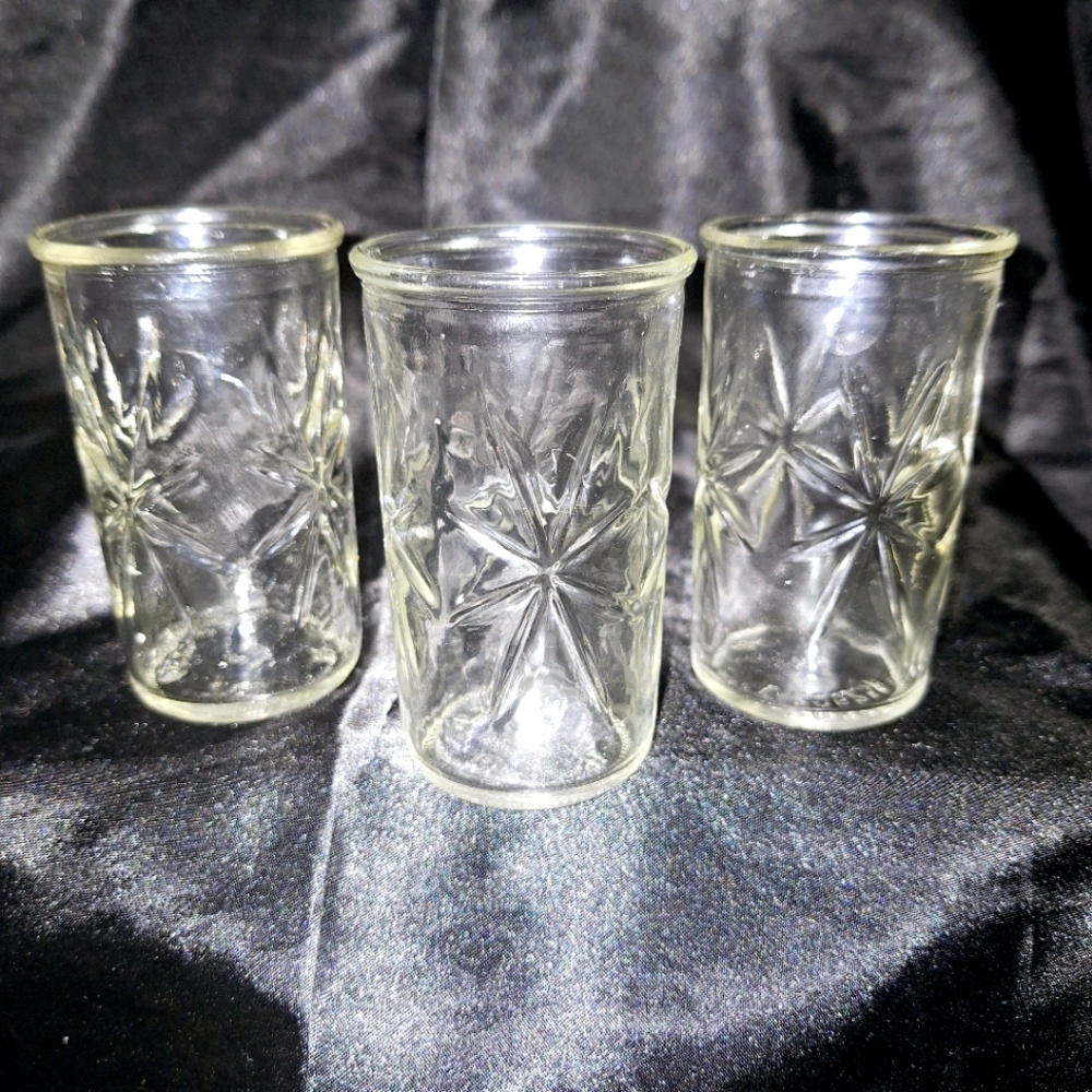 3 Vintage Anchor Hocking Juice Glasses~Starburst~Jelly Jar~Attomic Ball